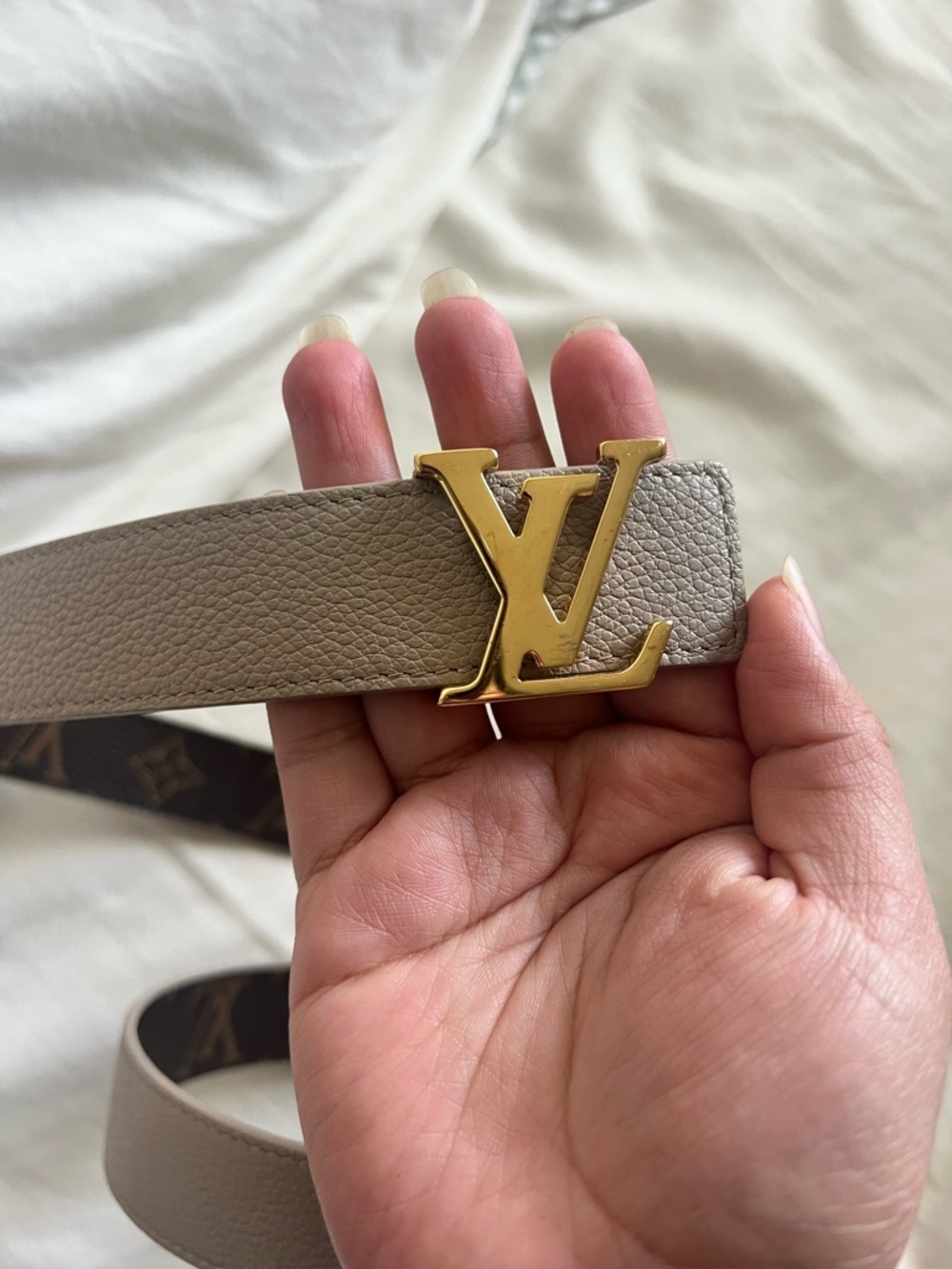 Louis Vuitton Taupe Leather Reversible Belt with Gold LV Buckle